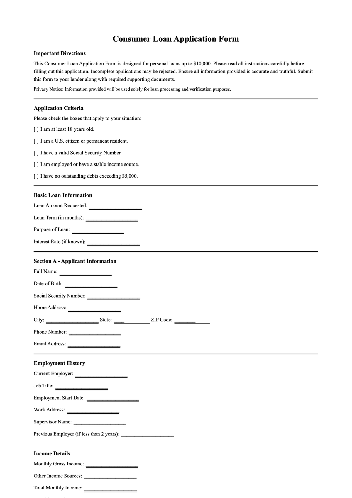 Consumer loan application form with personal and employment details sections_variant_1